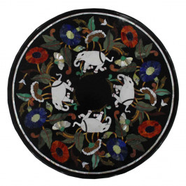 Black Round Marble Inlay Coffee Table Top Elephant Marquetry Art
