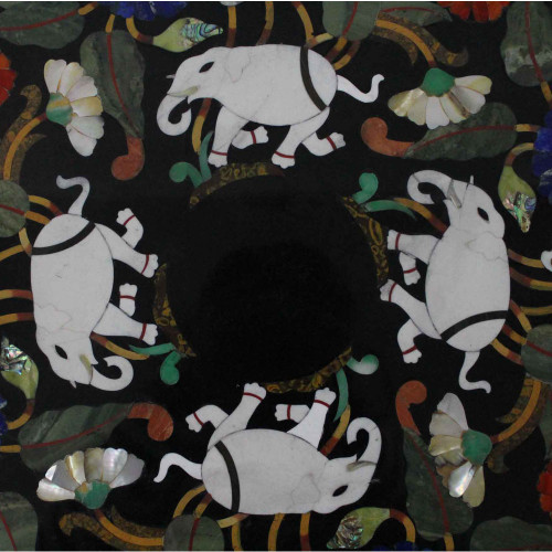 Black Round Marble Inlay Coffee Table Top Elephant Marquetry Art