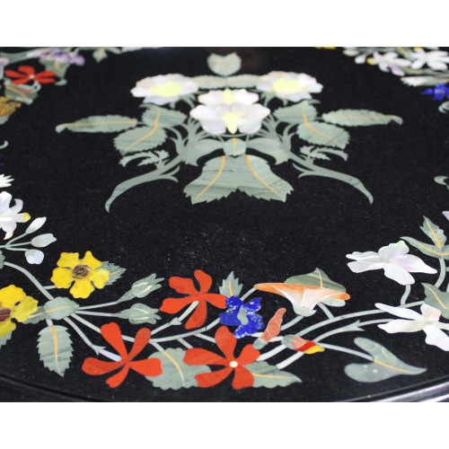 Indian Mosaic Art Inlay Black Marble Top Coffee Table