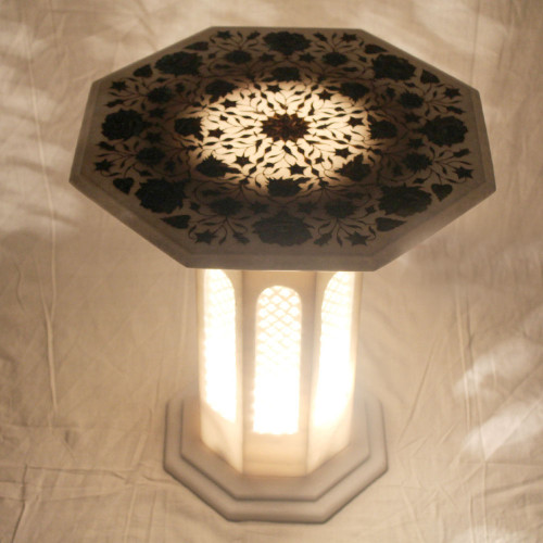 Octagonal White Marble Table Top Inlaid Semi Precious Stones