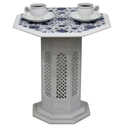 Octagonal White Marble Table Top Inlaid Semi Precious Stones