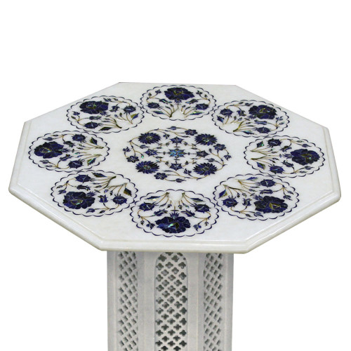Unique White Marble Table  Octagonal Shape Inlaid Lapis Lazuli Gemstone