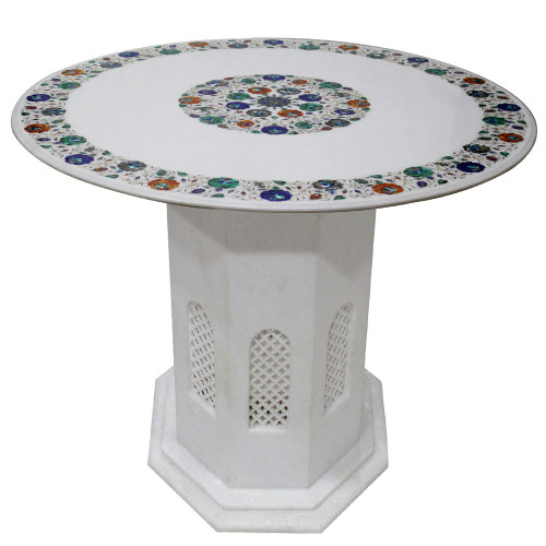 White Marble Inlay Table Top Floral Design