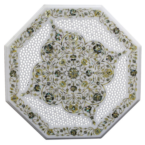 Octagonal Marble Coffee Table Inlaid Multi Color Gemstones