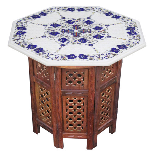 White Marble Inlay Coffee Table Top Filigree Work