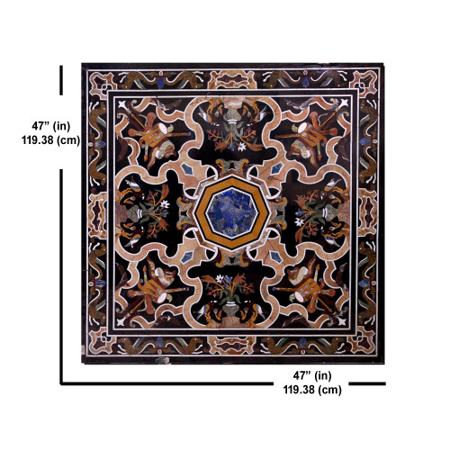 Italian Black Marble Center Table Top | Inlaid With Semi Precious Gemstones | Pietra Dura Table Top | Handmade Inlay Craft Work | Home Decor