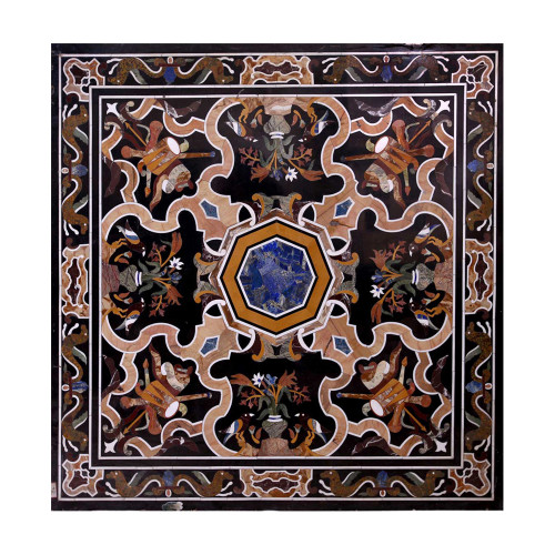 Italian Black Marble Center Table Top | Inlaid With Semi Precious Gemstones | Pietra Dura Table Top | Handmade Inlay Craft Work | Home Decor
