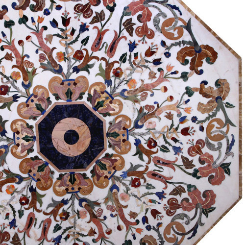 Imola Italian Octagonal Shape Coffee Table Top / Center Table Top White Marble Inlaid With Semi Precious Gemstones Pietra Dura Table Top