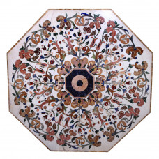 Imola Italian Octagonal Shape Coffee Table Top / Center Table Top White Marble Inlaid With Semi Precious Gemstones Pietra Dura Table Top
