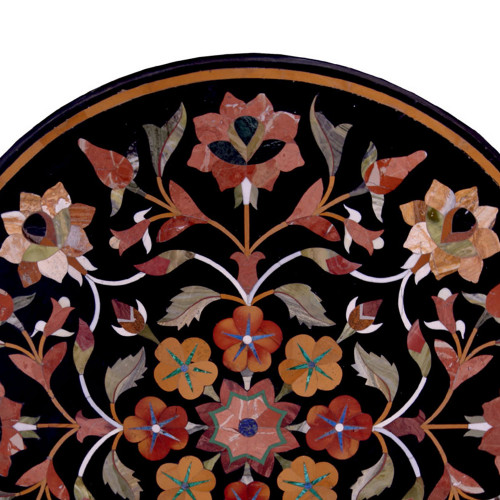 Florence Black Marble Inlay Table Top Floral Inlay Craft Pietre Dure Handmade Round Marble Table Top With Semi Precious Gemstones 35" x 35