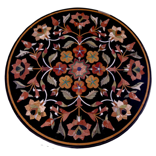 Florence Black Marble Inlay Table Top Floral Inlay Craft Pietre Dure Handmade Round Marble Table Top With Semi Precious Gemstones 35" x 35