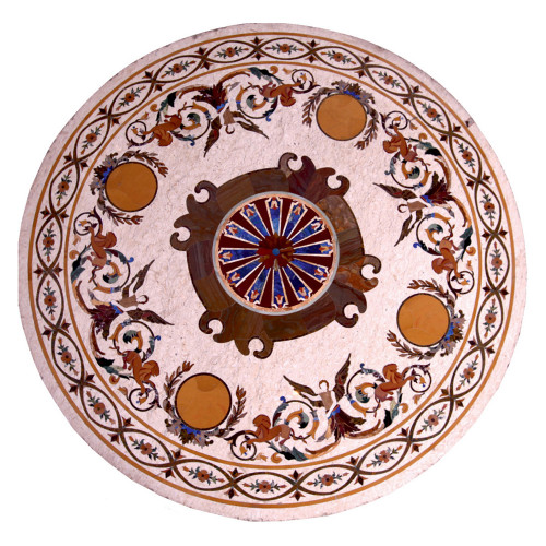 Pietre Dure Table Top |Biege Marble Inlaid With Semi Precious Gemstones | Inlay Craft Work | Center Table Top For Home Decor | 57" by 57"
