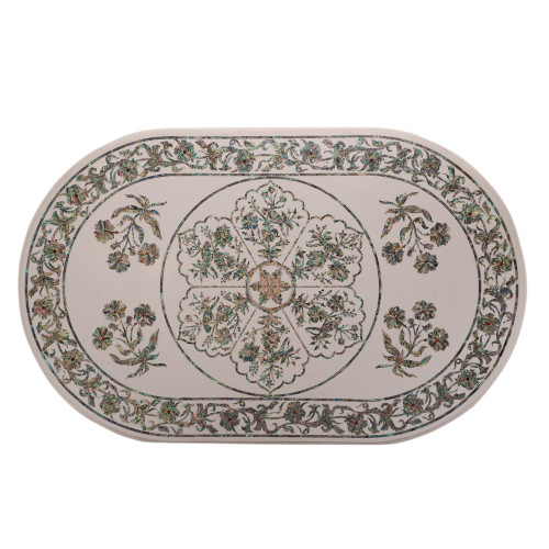 Handmade Oval White Marble Dining Table Inlaid Abalone Shell