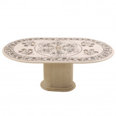 Handmade Oval White Marble Dining Table Inlaid Abalone Shell