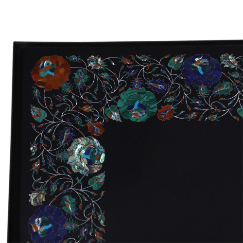 Handmade Stone Inlaid Rectangular Black Marble Top Dining Table
