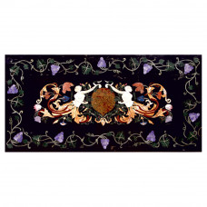Roman Black Marble Inlay Dining Table Top Handmade Inlay Work Inlaid With Semi Precious Gemstones | Decorated Table Top For Home, Hotel