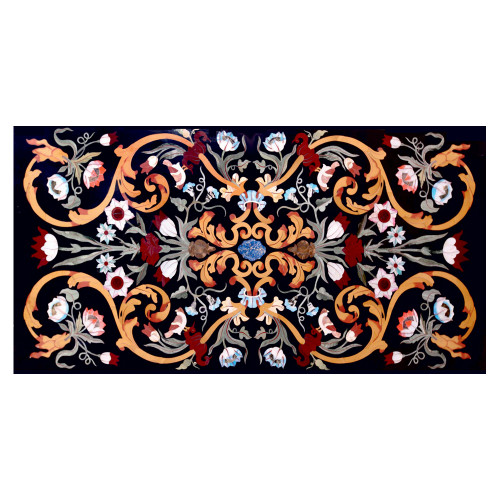 Castello Dining Table Top Black Marble Inlaid With Semi Precious Gemstones Floral Inlay Art Work Pietra Dura Marble Table Top For Home Decor
