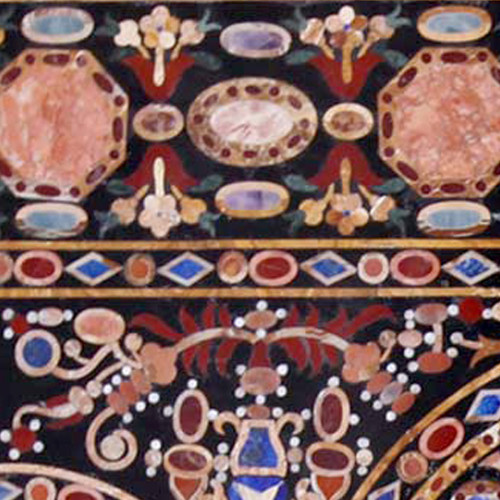 Asti Black Marble Dining Table Top Inlaid With Semi Precious Gemstones Pietra Dura Handmade Dining Table Top For Home and Hotel Decor
