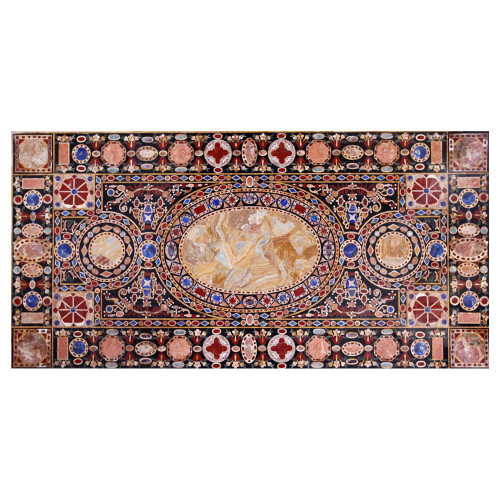 Asti Black Marble Dining Table Top Inlaid With Semi Precious Gemstones Pietra Dura Handmade Dining Table Top For Home and Hotel Decor