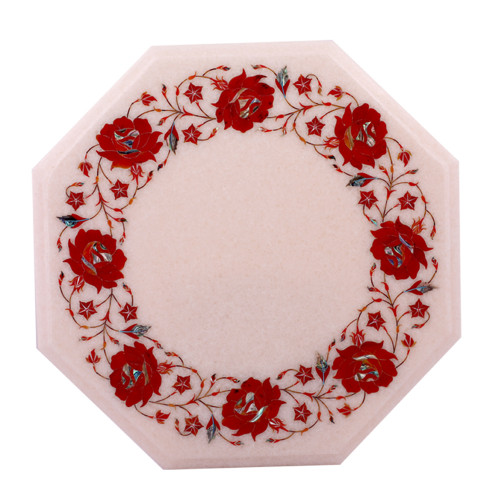 Octagonal White Marble Side Table Inlaid With Carnelian Gemstone