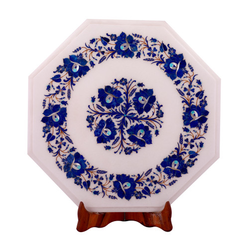 Octagonal White Marble Side Table Inlaid With Lapislazuli Gemstone