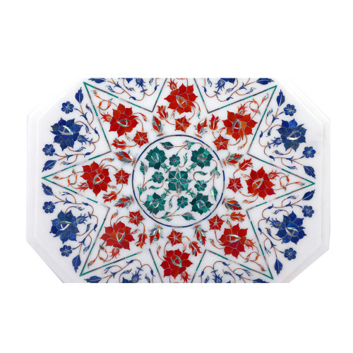 Octagonal White Marble Side Table Inlaid With Semiprecious Gemstones