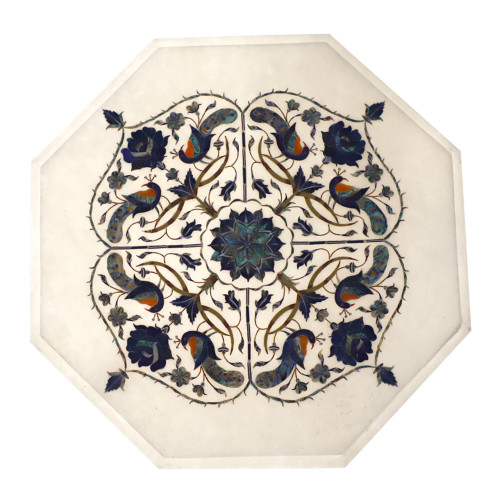 Octagonal White Marble Top Side Table Inlaid Peacock Design