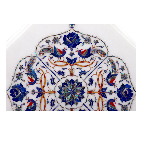 Octagonal White Marble Top Side Table Inlaid Peacock Design