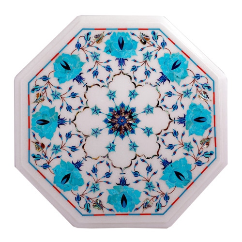Octagonal White Marble Top Side Table Inlaid With Turquoise Gemstone