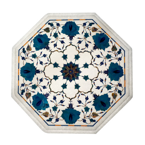 Octagonal White Marble Top Side Table Inlaid With Turquoise Gemstone