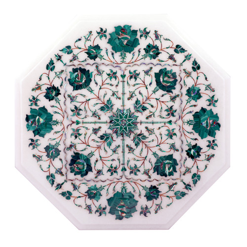 Octagonal White Marble Side Table Inlaid With Malachite Gemstone