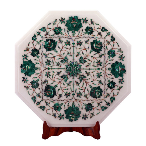 Octagonal White Marble Side Table Inlaid With Malachite Gemstone