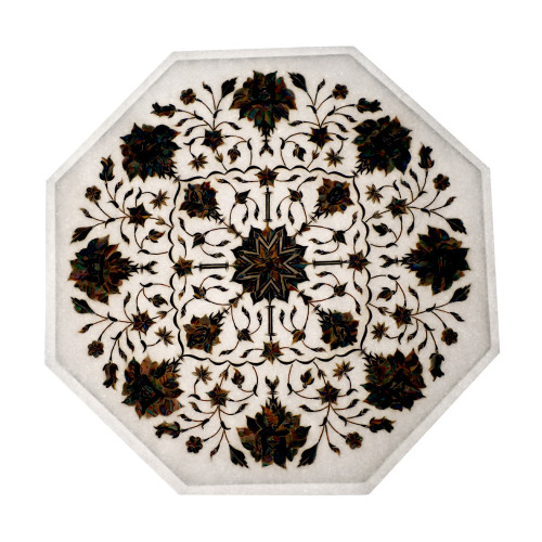 Octagonal White Marble Side Table Inlaid With Pauch Shell Gemstone