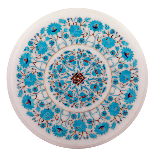 Round White Marble Coffee Table Inlay Turquoise Gemstone