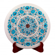 Round White Marble Coffee Table Inlay Turquoise Gemstone