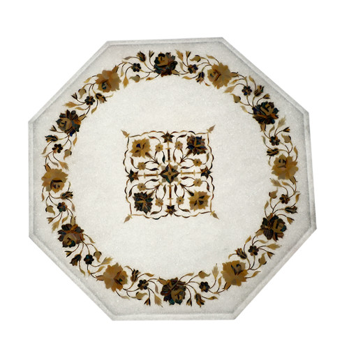 Octagonal White Marble Top Side Table Inlaid With Pauch Shell And Yellow Pearl Gemstones