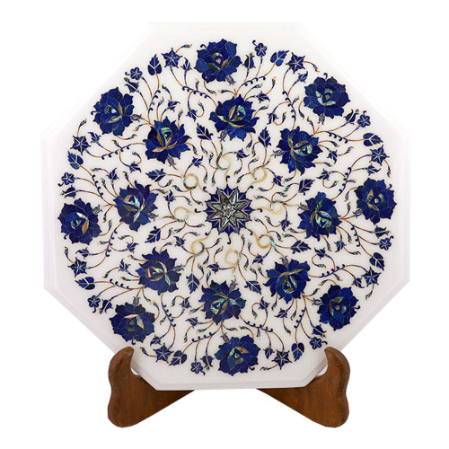 Floral Pietra Dura Octagonal white Marble Side Table