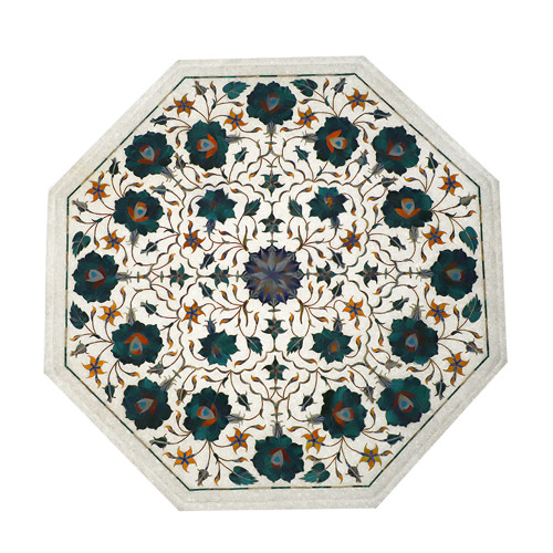 Decorative Octagonal White Marble Side Table Inlaid With Malachite Gemstone