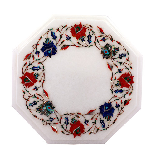 Rose Flower Decorative Octagonal White Marble Top Side Table