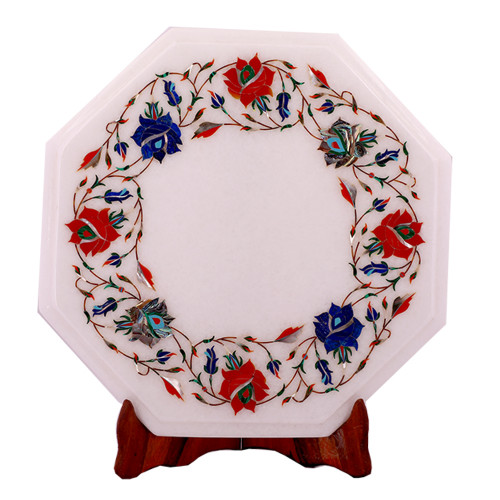 Rose Flower Decorative Octagonal White Marble Top Side Table