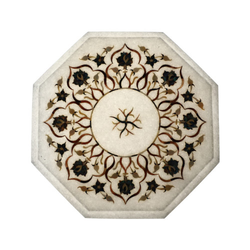 Octagonal White Marble Side Table Inlaid With Mother of Pearl Gemstone