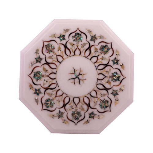 Octagonal White Marble Side Table Inlaid With Mother of Pearl Gemstone