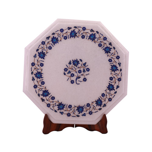 Round Decorative Octagonal White Marble Side Table Inlaid With Semiprecious Stones