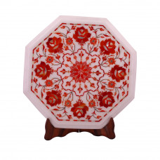 Flower Decorative White Marble Side Table Inlaid With Carnelian Gemstone