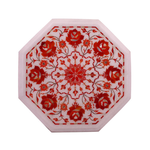 Flower Decorative White Marble Side Table Inlaid With Carnelian Gemstone