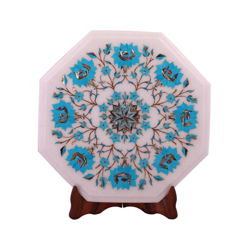 Flower Decorative White Marble Side Table Inlaid With Turquoise Stone