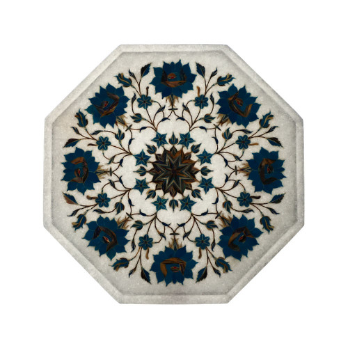 Flower Decorative White Marble Side Table Inlaid With Turquoise Stone