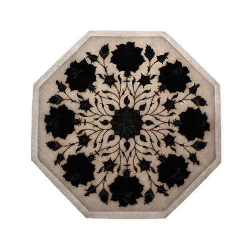 Octagonal White Marble Top Side Table Inlaid With Black Onyx Gemstone