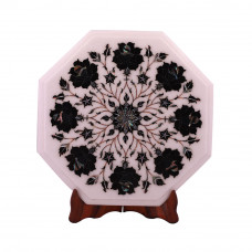 Octagonal White Marble Top Side Table Inlaid With Black Onyx Gemstone