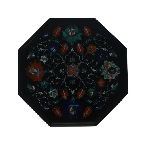 Octagonal Black Marble Side Table Inlaid With Semiprecious Gemstone